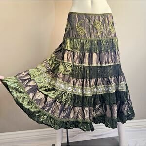 Y2K Silk Blend Tiered Velvet Skirt Sequin Fairy Paisley Boho Witchy Lace Size L